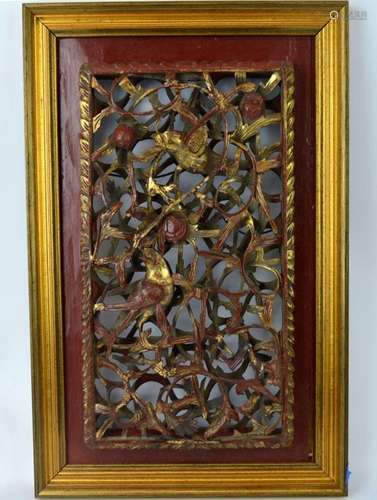 19thC Chinese Carved Gold & Red Lacquer Panel