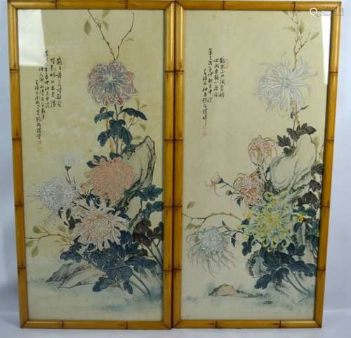 Pair Chinese Paintings on Paper of Chrysanthemums