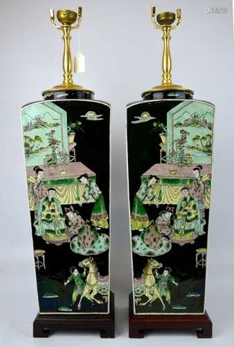 Pr Chinese Famille Noire Porcelain Square Vases