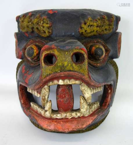 19th C Tibetan Ceremonial Wood & Polychrome Mask