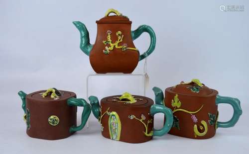 4 Chinese Enameled Yixing Teapots