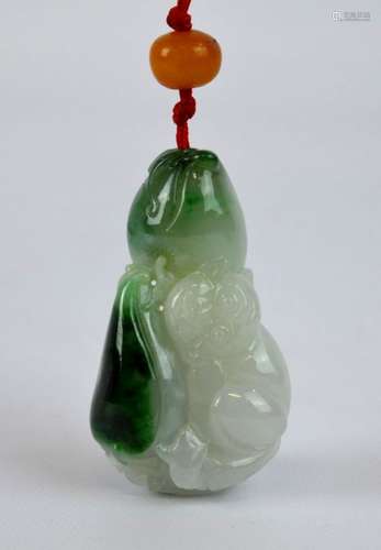 Chinese Carved Green & White Jadeite Monkey Toggle