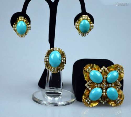 Chinese 14K Gold & Turquoise Custom Jewel Set