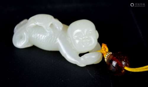 Chinese Carved White Jade Dragon-Boy Toggle