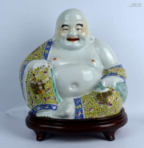 Chinese Enameled Porcelain Hotai Buddha & Stand