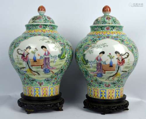 Opposing Pr. Chinese Enameled Porcelain Urns