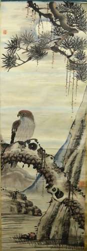 Chinese Painting on Paper of Hawk & Pine on Scroll