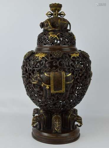 Large Chinese Partially Gilt Bronze Censer