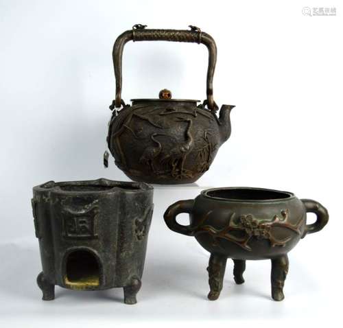 2 Chinese Antique Bronzes & Japanese Iron Teapot