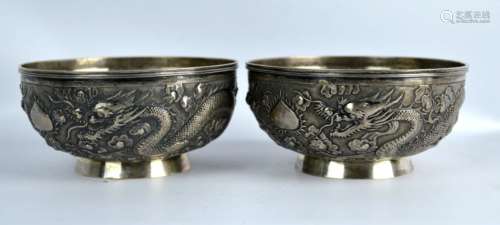 Fine Pr. Chinese Silver Dragon Bowls, W. A. Mark