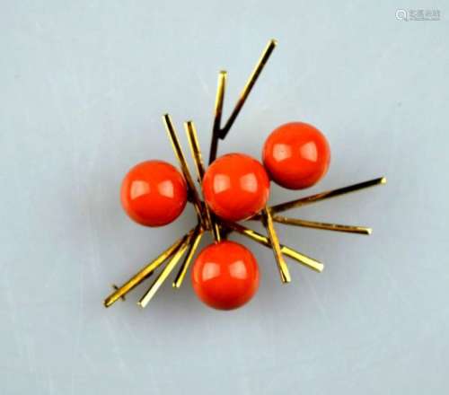 Coral Round Bead & 14K Gold Modernist Pin