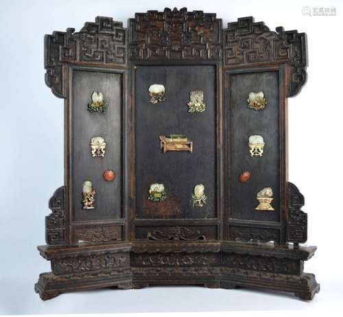 Antique Chinese Miniature Jade-Inlaid Table Screen