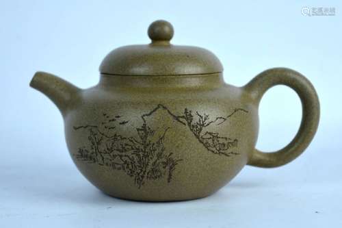 Chinese Incised Light Yixing Teapot & Cover