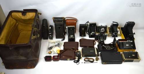 Leather Bag; 12 Old Kodak or Agfa Cameras & More