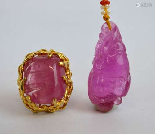 2 Chinese Carved Pink Tourmalines Gold marked 14K