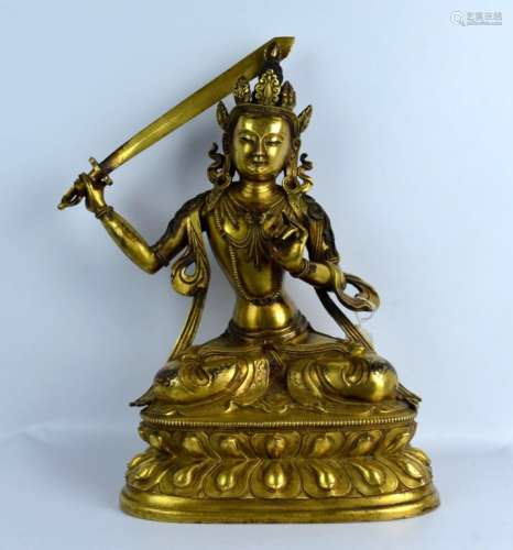 Large Tibet Antique Gilt Bronze Buddha w Sword