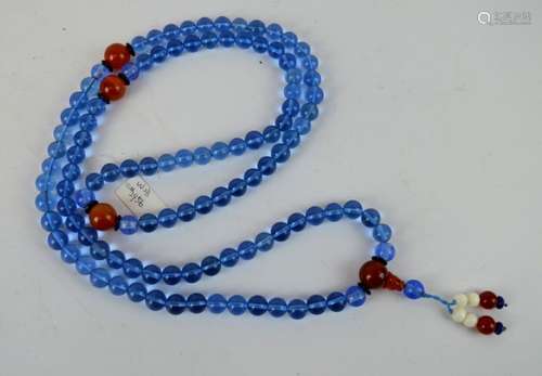 108 Blue Bead Peking Glass rosary with Carnelian