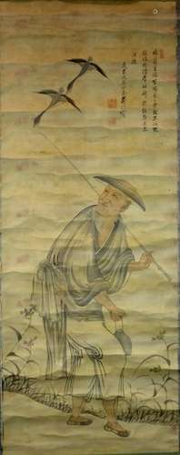 Chinese Portrait of Fisherman & Geese on Scroll