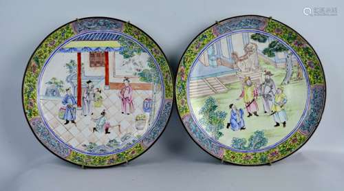 Pair 18th Century Chinese Canton Enamel Plates