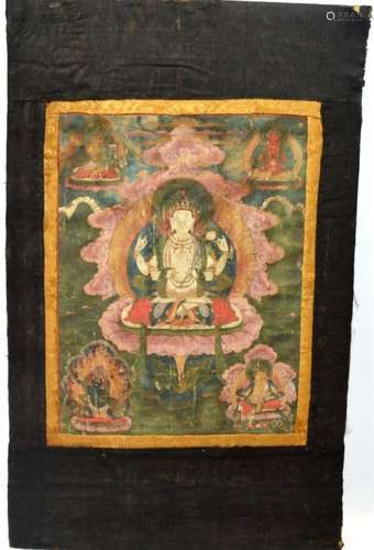 19th C Tibetan Thanka Painted on Fabric