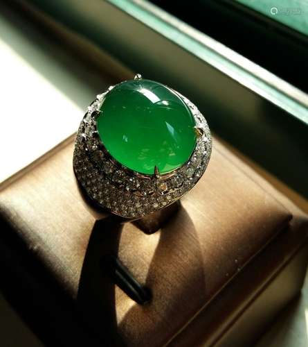 High & Double Cabochon Intense Green Jadeite Ring