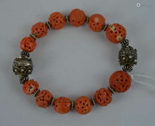 12 Antique Chinese Coral Beads with Silver Beads