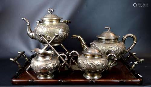 5 Piece Chinese Silver Teapot Set with a Tray