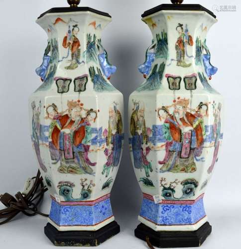 Pr. Hexagonal 19th C Chinese Porcelain Vases