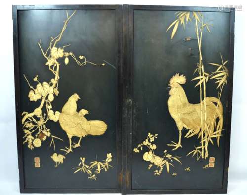 Pair Japanese Carved and Lacquered Door Panels