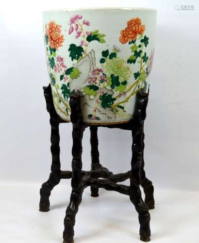 Chinese 19th C Enameled Porcelain Planter & Stand