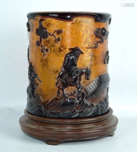 Chinese Carved Red Over Amber-Fleck Glass Bitong