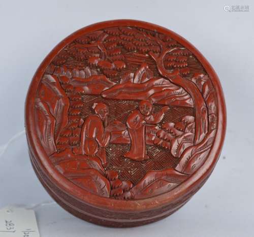 19th C Chinese Carved Cinnabar Lacquer Round Box