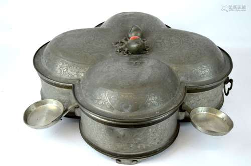 Rare Large Qing Chinese Pewter Dimsum Heater