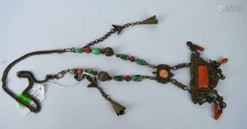 Chinese, Tibet Silver Metal Necklace with Coral