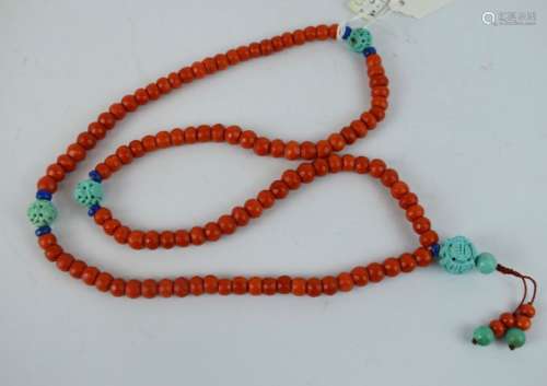108 Antique Chinese Coral Bead & Turquoise Rosary