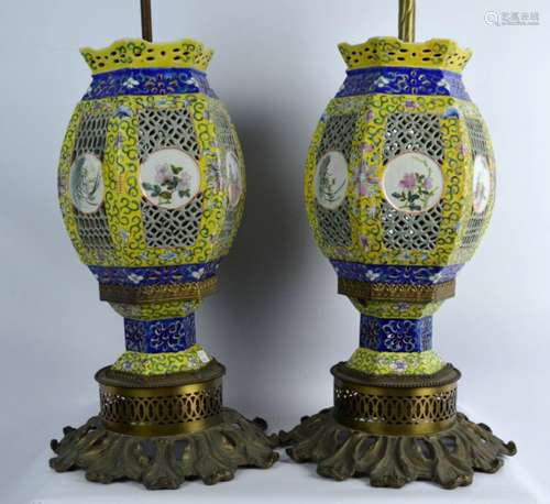 Pr. Chinese Pierced & Enameled Porcelain Lamps