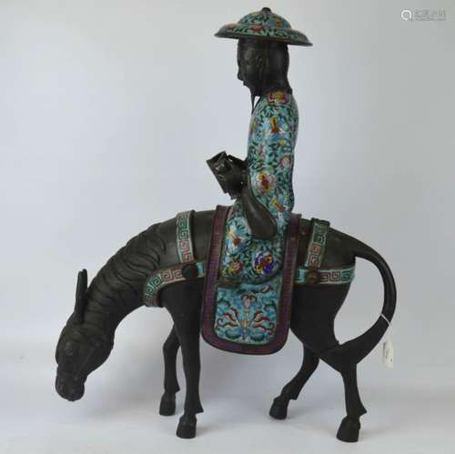 Large Chinese Bronze and Cloisonne Scholar & Horse