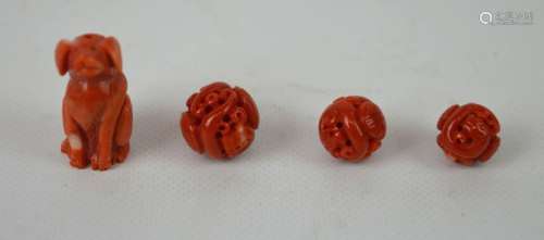 3 Chinese Dark Aka Coral Beads & Carved Coral Dog