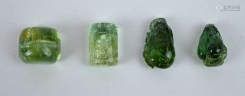 4 Chinese Green Tourmalines; 2 Carved 2 Cabochon