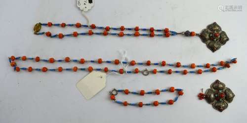 3 Chinese Coral & Enamel Silver Beads; 2 plaques