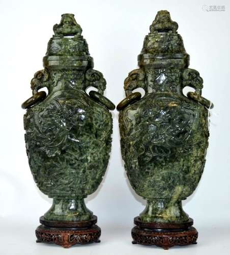 Pair Large Qing Dynasty Green Jade Dragon Urns