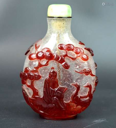 18th C Chinese Red Glass Over Bubble Clear Snuff