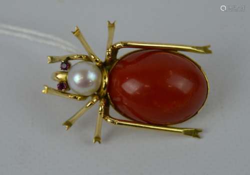 Pearl, Coral & 14K Beetle Pin marked KJ