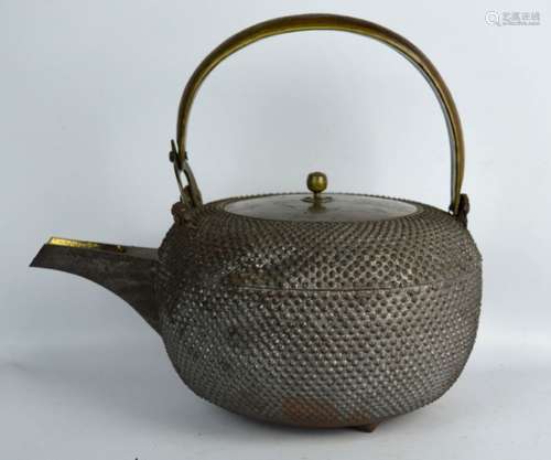 Japanese Edo Period Iron Teapot with Bronze Cover