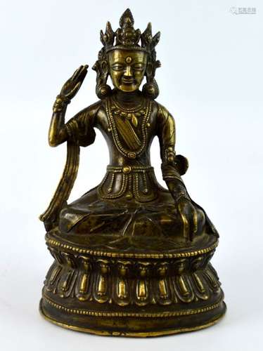 17th C Tibet Bronze Buddha, Silver Inlay Eyes