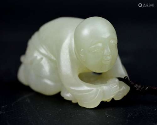 Old Chinese Carved Jade Small Boy & Lingzhi Toggle