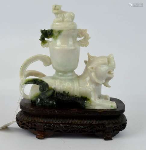 Chinese Carved Jadeite Qilin Water Jar & Cover