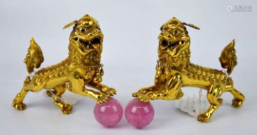 Old 14K Gold & Pink Tourmaline Chinese Foo Dogs