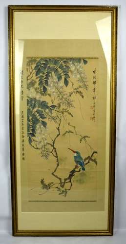 Chinese Kingfisher & Wisteria Scroll Painting