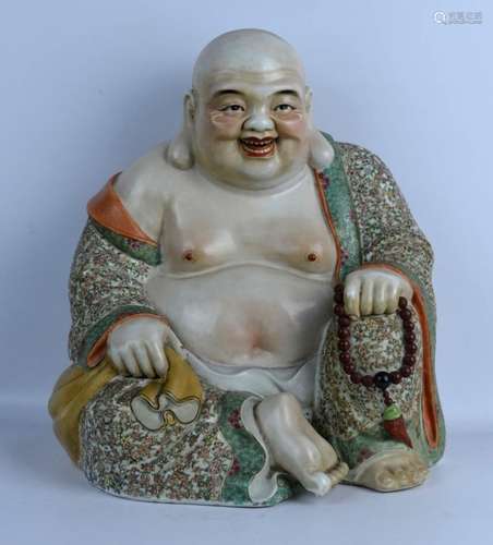 Chinese Mid-20th C Enameled Porcelain Hotai Buddha